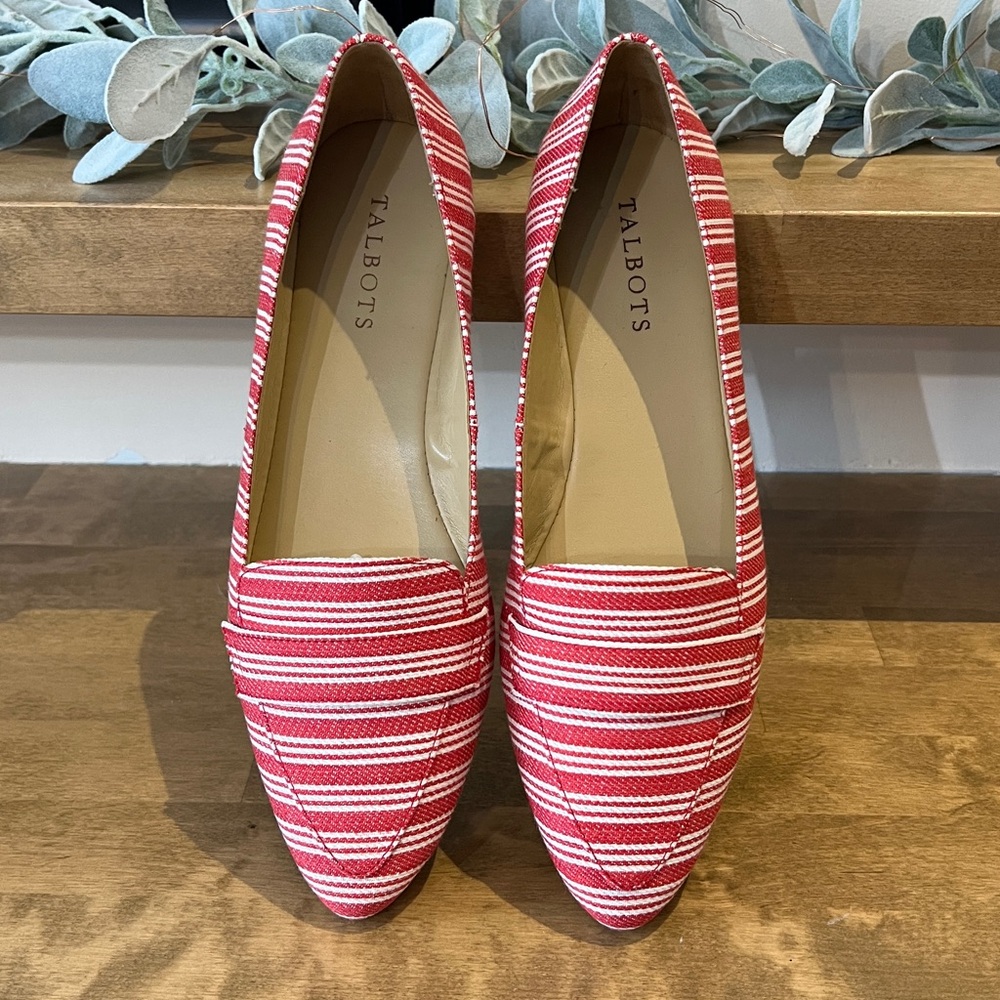 Talbots Francesca Driving Mocs Red/White Striped Textured Cotton Fabric Sz 9 - Picture 2 of 6